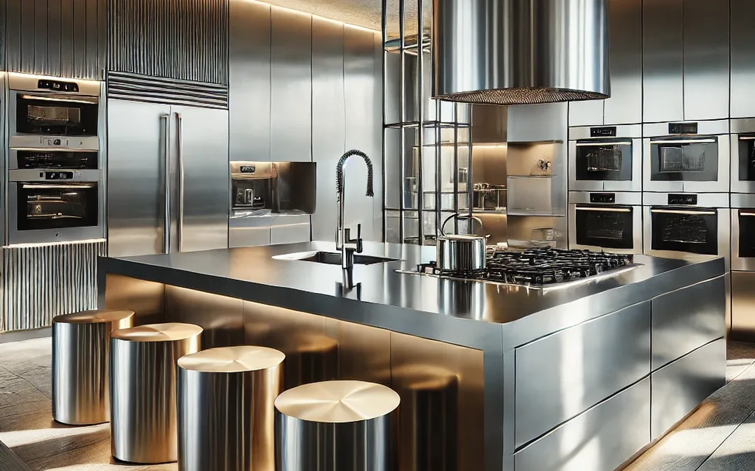 Cocina industrial de acero inoxidable con campana extractora y ducto de extracción