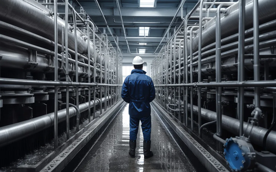Planta industrial con tuberías de acero inoxidable como las que conectan un tanque sanitario